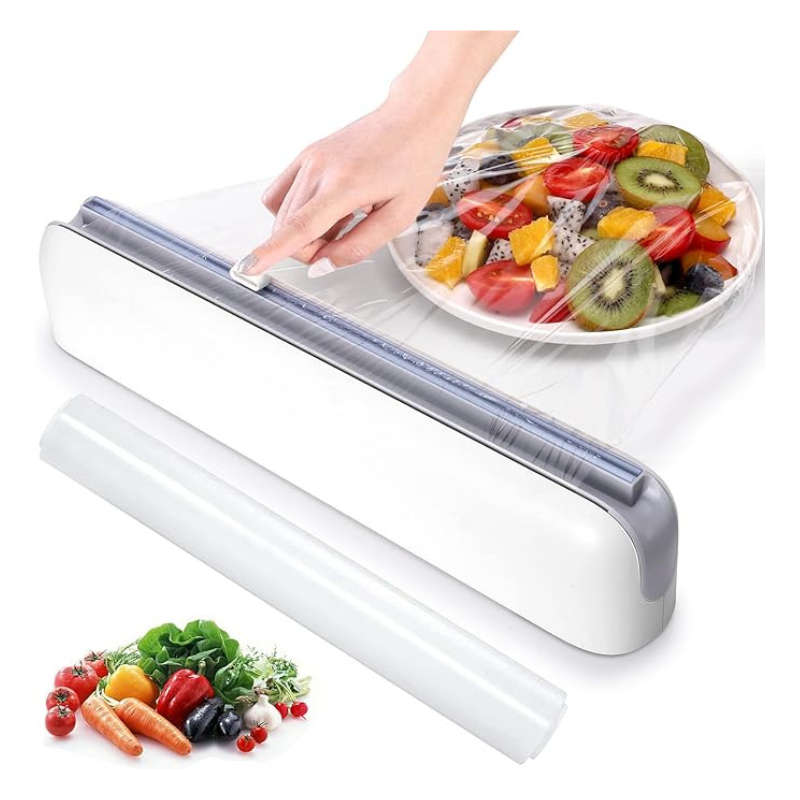 Plastic Wrap Dispenser with Cutter, Plastic Food Wrap Dispenser with Slide Cutter Refillable Cling Film Dispenser