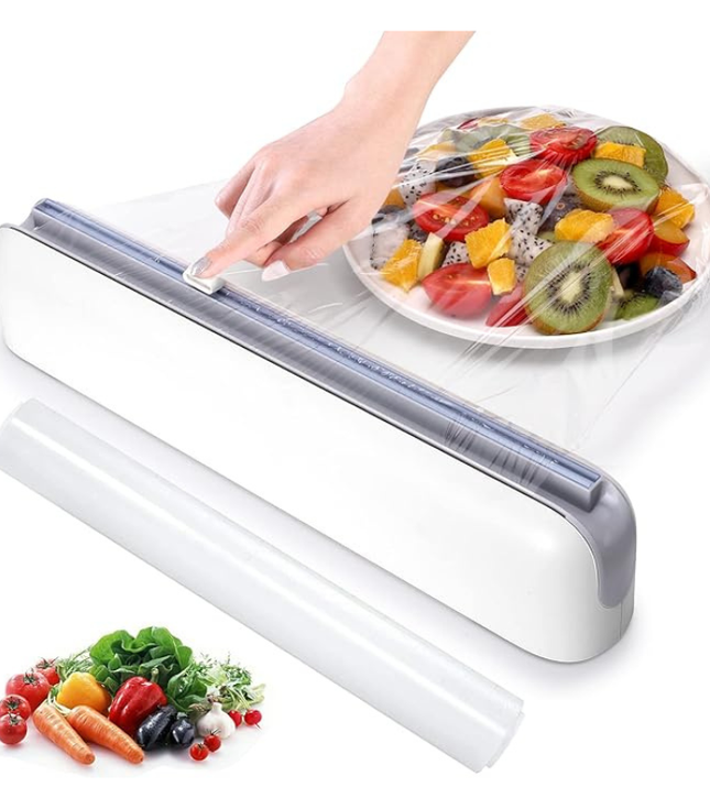 Plastic Wrap Dispenser with Cutter, Plastic Food Wrap Dispenser with Slide Cutter Refillable Cling Film Dispenser