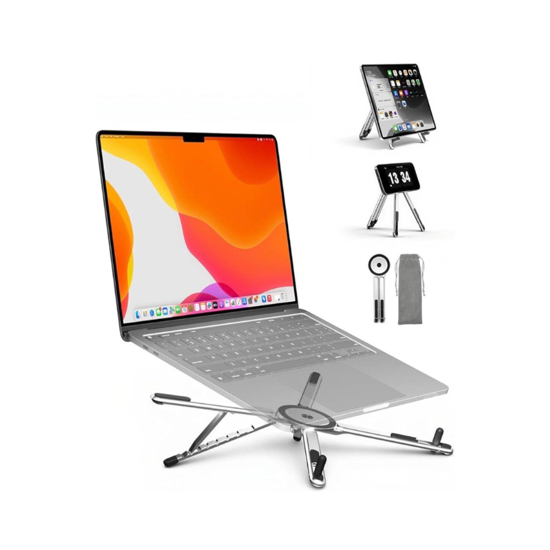4-in-1 Foldable Laptop Stand & Magnetic Phone Holder, Silver Aerospace Aluminum Portable Desk Mount with MagSafe Compatible Tripod Handle for MacBook Pro, iPad, Travel & Vlogging