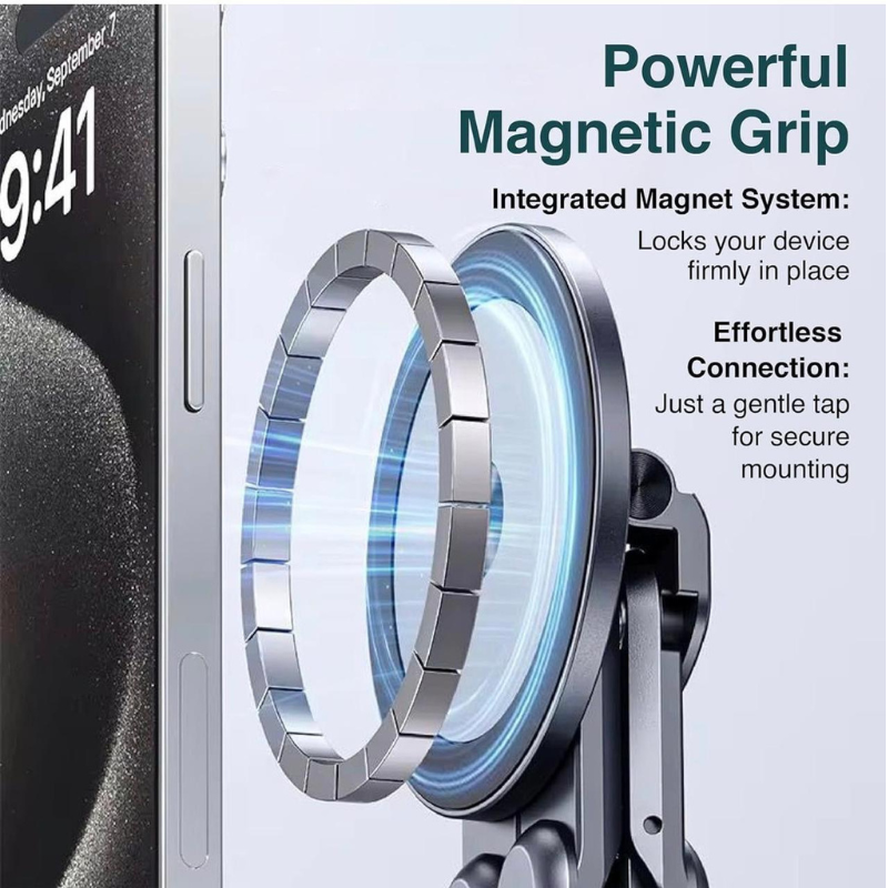 4-in-1 Foldable Laptop Stand & Magnetic Phone Holder, Silver Aerospace Aluminum Portable Desk Mount with MagSafe Compatible Tripod Handle for MacBook Pro, iPad, Travel & Vlogging