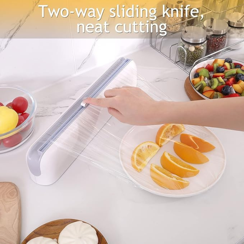 Plastic Wrap Dispenser with Cutter, Plastic Food Wrap Dispenser with Slide Cutter Refillable Cling Film Dispenser