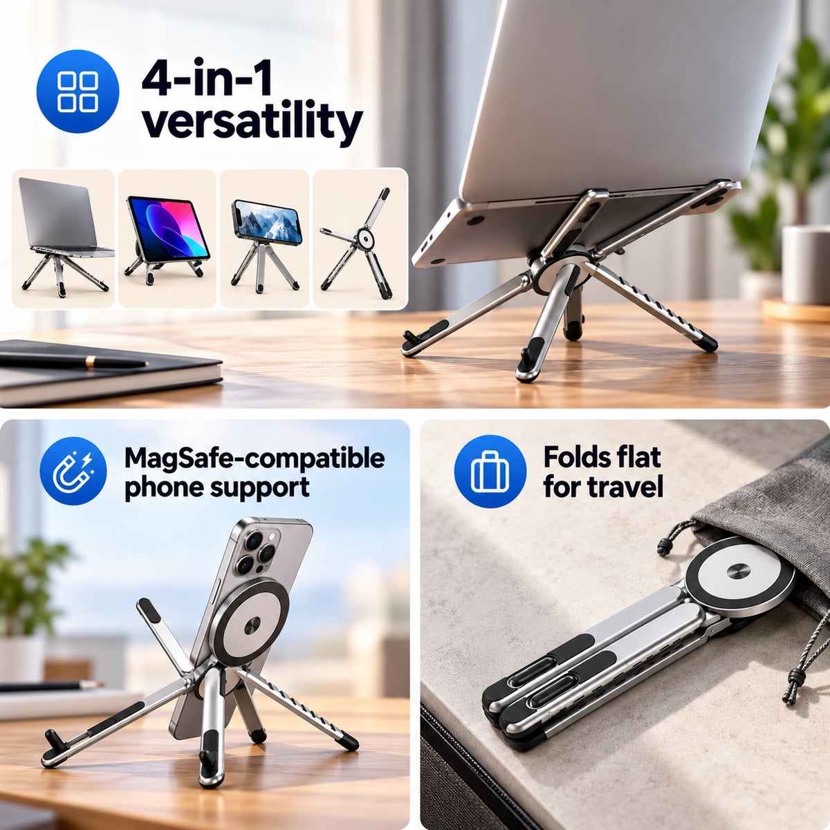 4-in-1 Foldable Laptop Stand & Magnetic Phone Holder