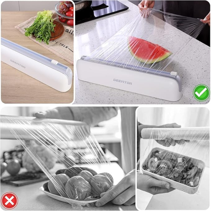 Plastic Wrap Dispenser with Cutter, Plastic Food Wrap Dispenser with Slide Cutter Refillable Cling Film Dispenser