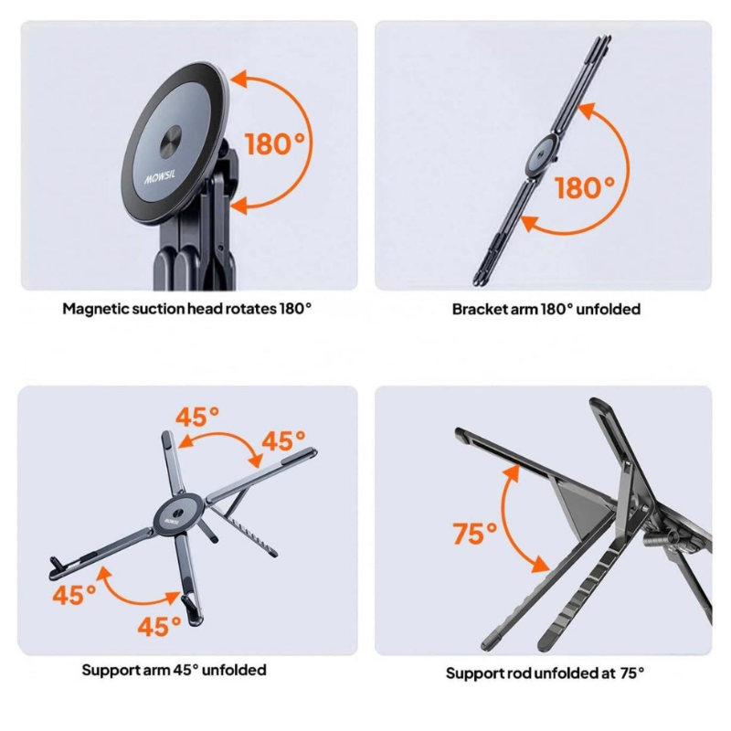 4-in-1 Foldable Laptop Stand & Magnetic Phone Holder, Silver Aerospace Aluminum Portable Desk Mount with MagSafe Compatible Tripod Handle for MacBook Pro, iPad, Travel & Vlogging