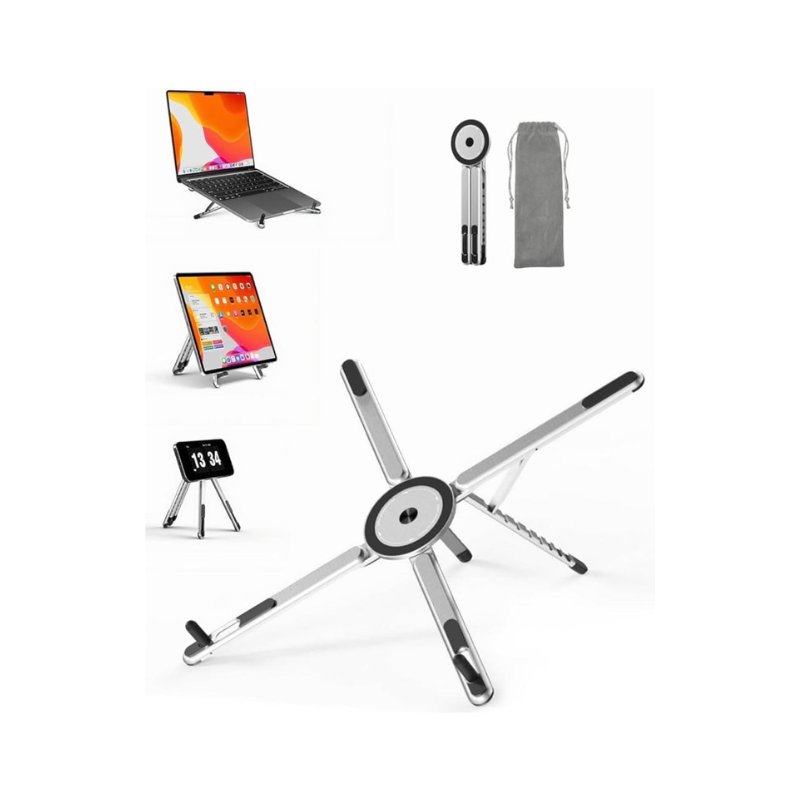 4-in-1 Foldable Laptop Stand & Magnetic Phone Holder, Silver Aerospace Aluminum Portable Desk Mount with MagSafe Compatible Tripod Handle for MacBook Pro, iPad, Travel & Vlogging