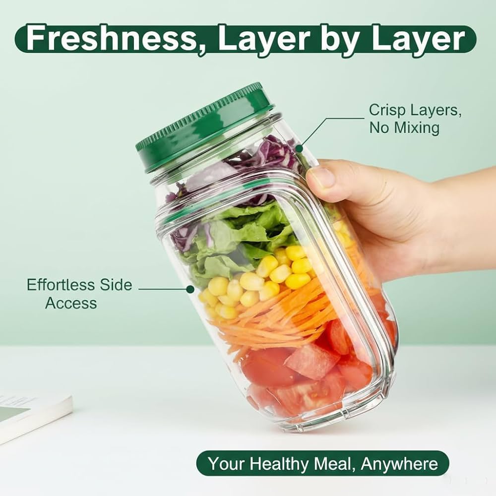 Side-Opening Salad Jar with Separate Dressing Compartment