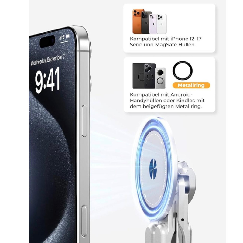 4-in-1 Foldable Laptop Stand & Magnetic Phone Holder, Silver Aerospace Aluminum Portable Desk Mount with MagSafe Compatible Tripod Handle for MacBook Pro, iPad, Travel & Vlogging