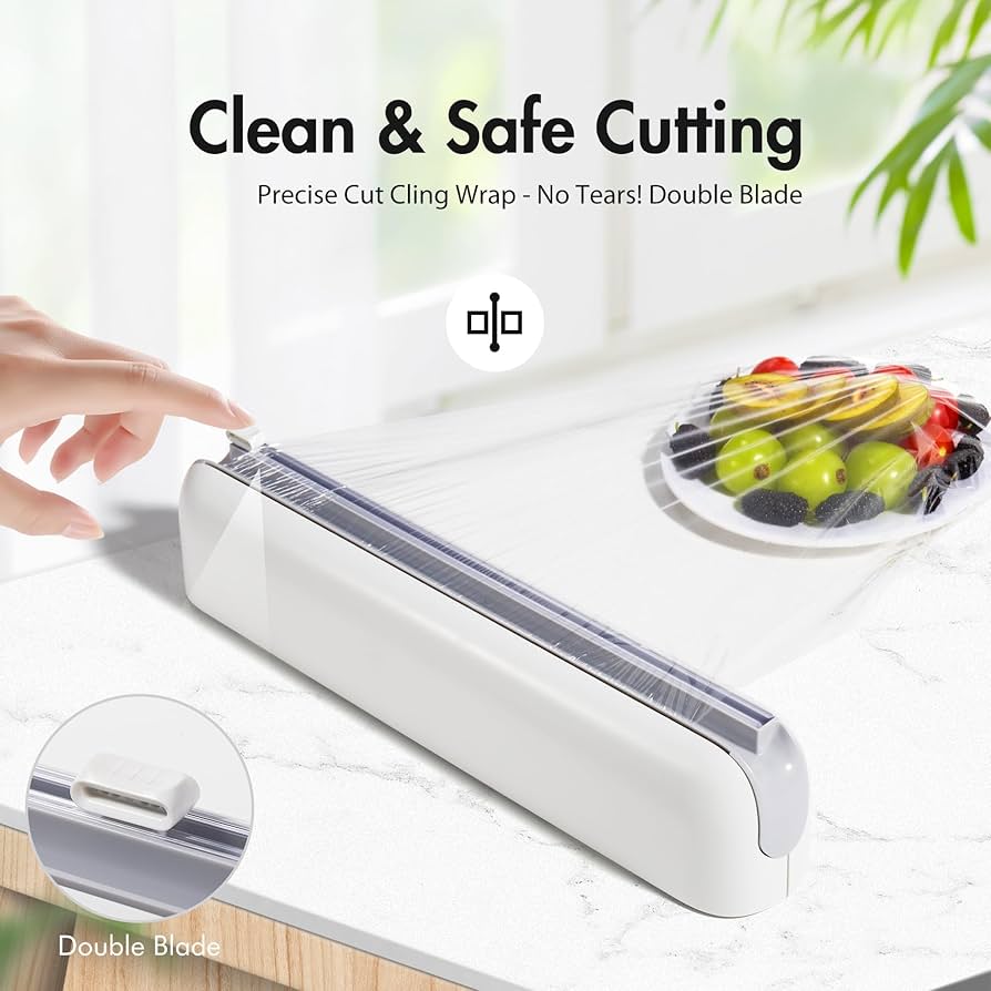 Plastic Wrap Dispenser with Cutter, Plastic Food Wrap Dispenser with Slide Cutter Refillable Cling Film Dispenser