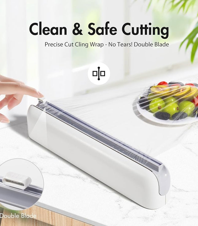 Plastic Wrap Dispenser with Cutter, Plastic Food Wrap Dispenser with Slide Cutter Refillable Cling Film Dispenser