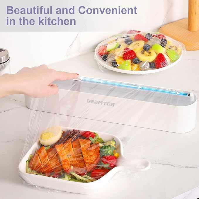 Plastic Wrap Dispenser with Cutter, Plastic Food Wrap Dispenser with Slide Cutter Refillable Cling Film Dispenser