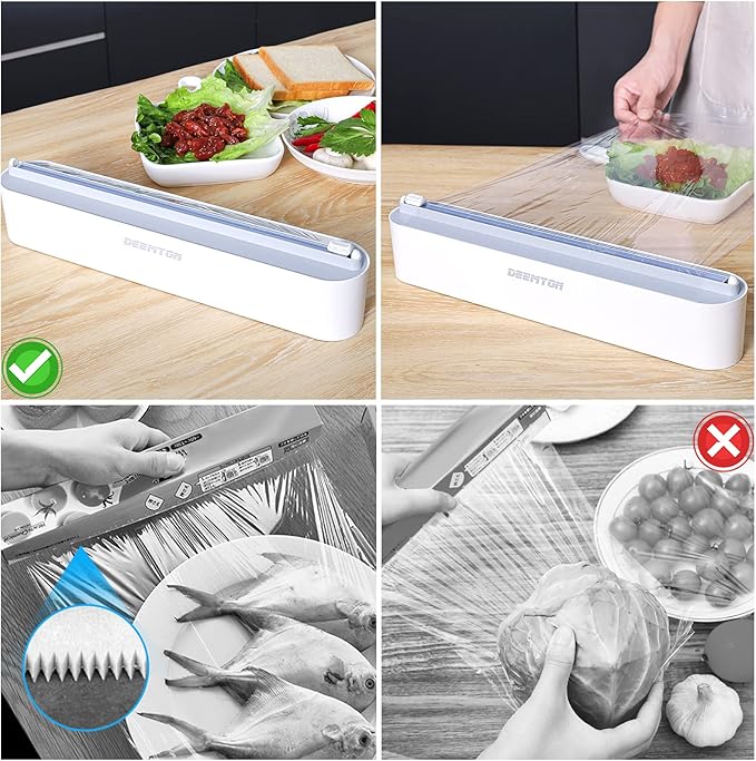 Plastic Wrap Dispenser with Cutter, Plastic Food Wrap Dispenser with Slide Cutter Refillable Cling Film Dispenser