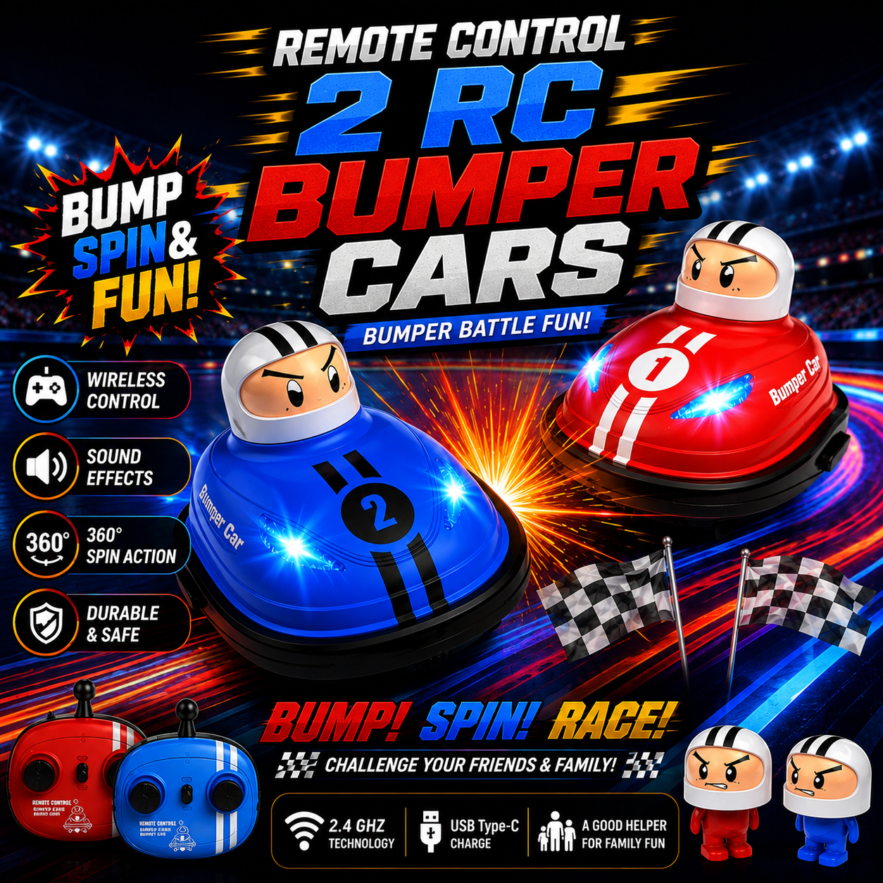 Set of 2 RC Bumper Cars,Remote Control Ejector Battle Bumper Cars with Light & Sound