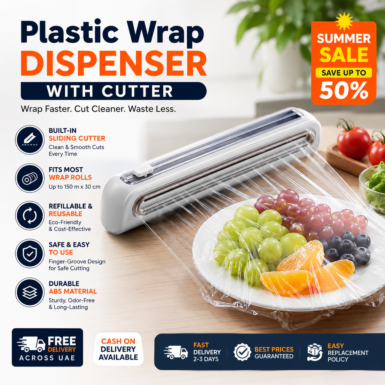Plastic Wrap Dispenser with Cutter, Plastic Food Wrap Dispenser with Slide Cutter Refillable Cling Film Dispenser