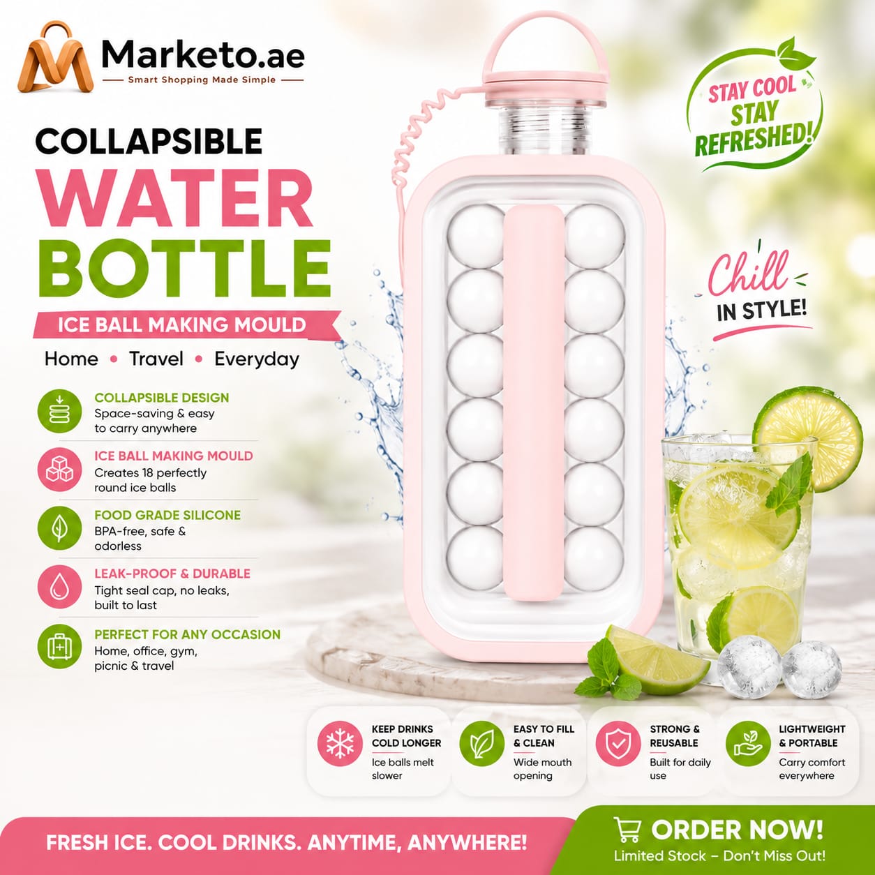 Collapsible Water Bottle, Ice Ball Making Mould, Home Travel Silicone Ice Compartment