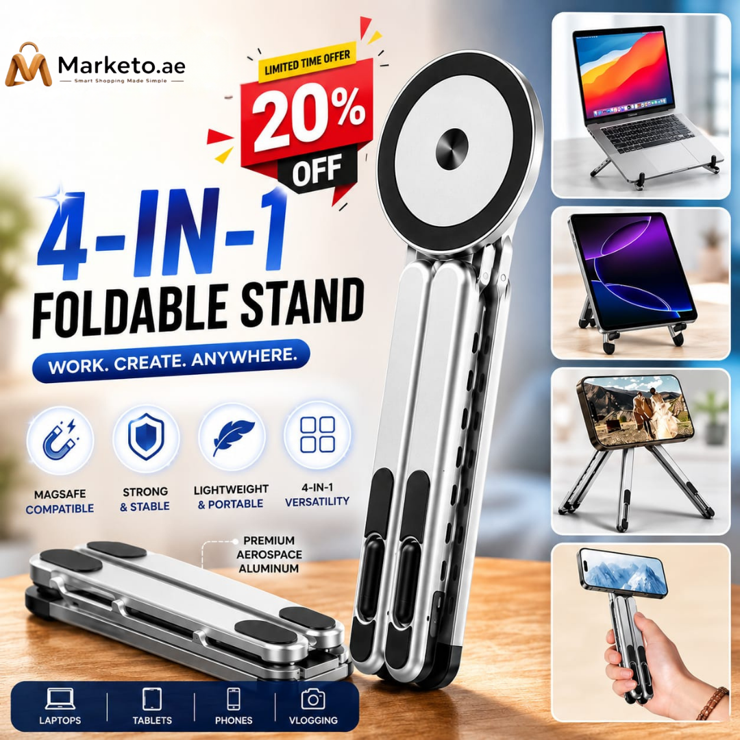 4-in-1 Foldable Laptop Stand & Magnetic Phone Holder, Silver Aerospace Aluminum Portable Desk Mount with MagSafe Compatible Tripod Handle for MacBook Pro, iPad, Travel & Vlogging