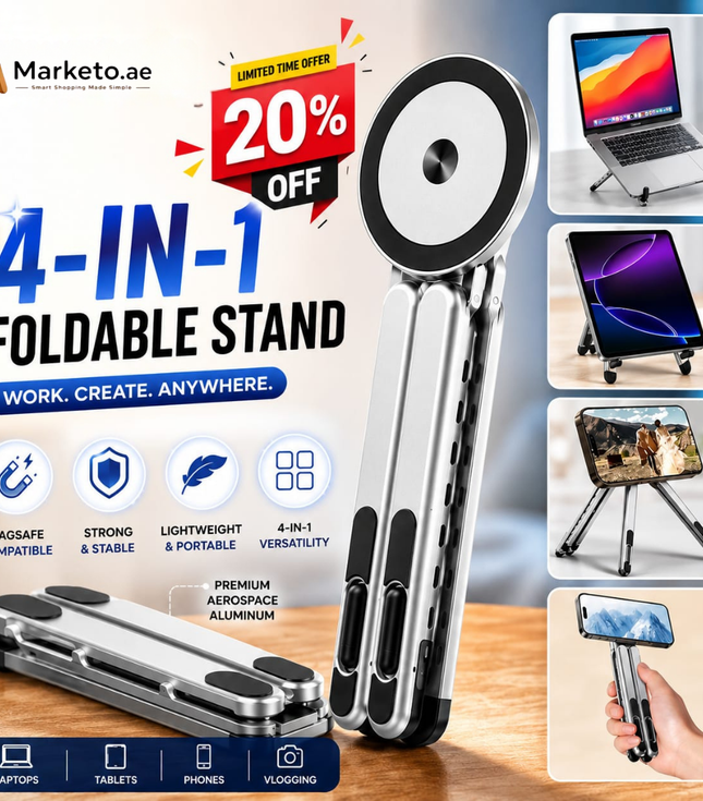 4-in-1 Foldable Laptop Stand & Magnetic Phone Holder, Silver Aerospace Aluminum Portable Desk Mount with MagSafe Compatible Tripod Handle for MacBook Pro, iPad, Travel & Vlogging