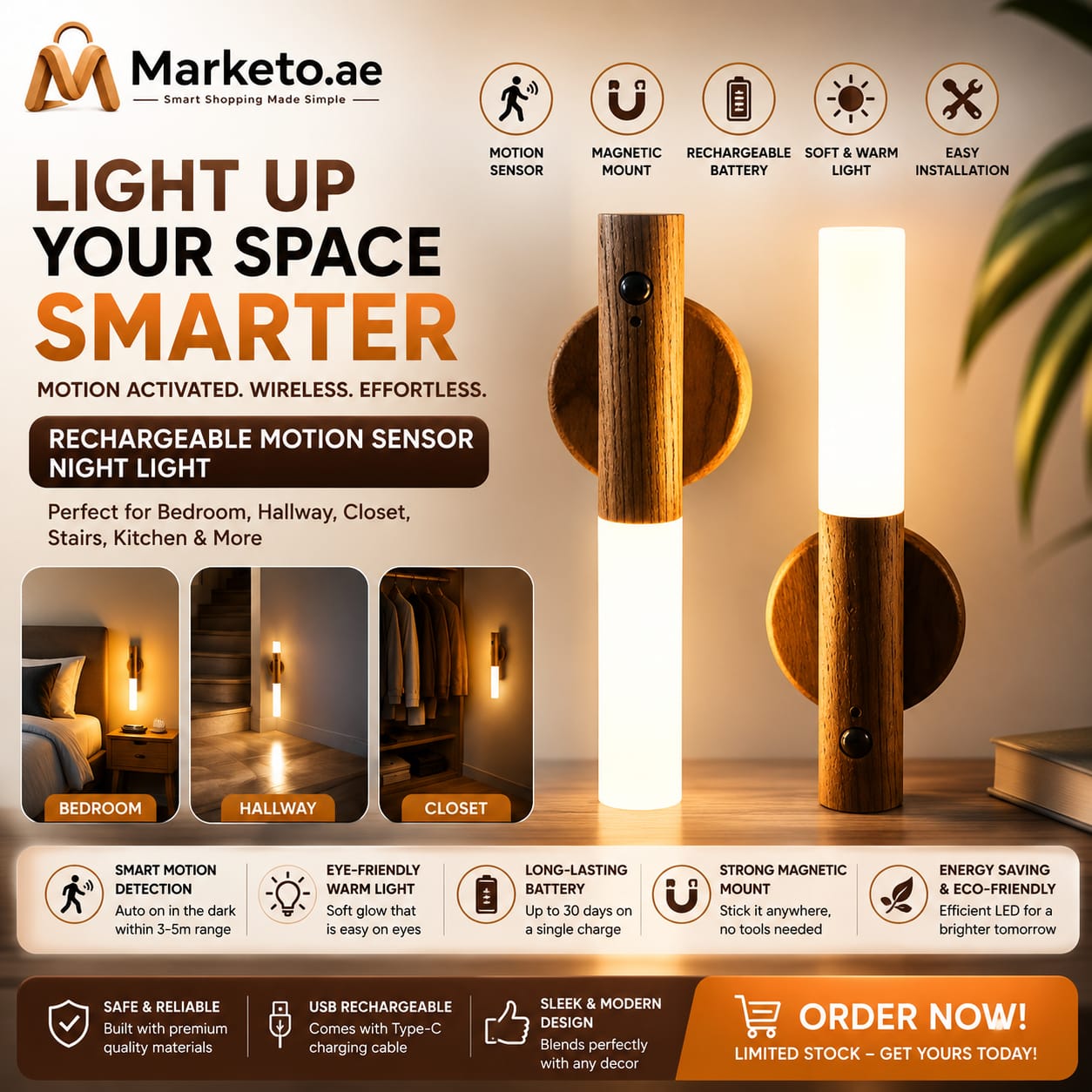 Rechargeable Motion Sensor Night Light | Magnetic LED Wall Sconce Wireless Motion