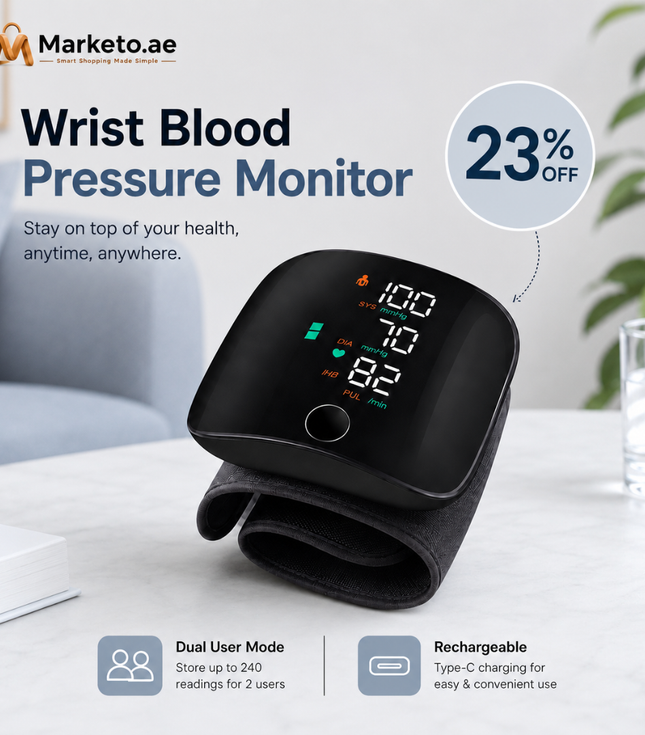 Wrist Blood Pressure Monitor Machine, Rechargeable with Adjustable Cuff
